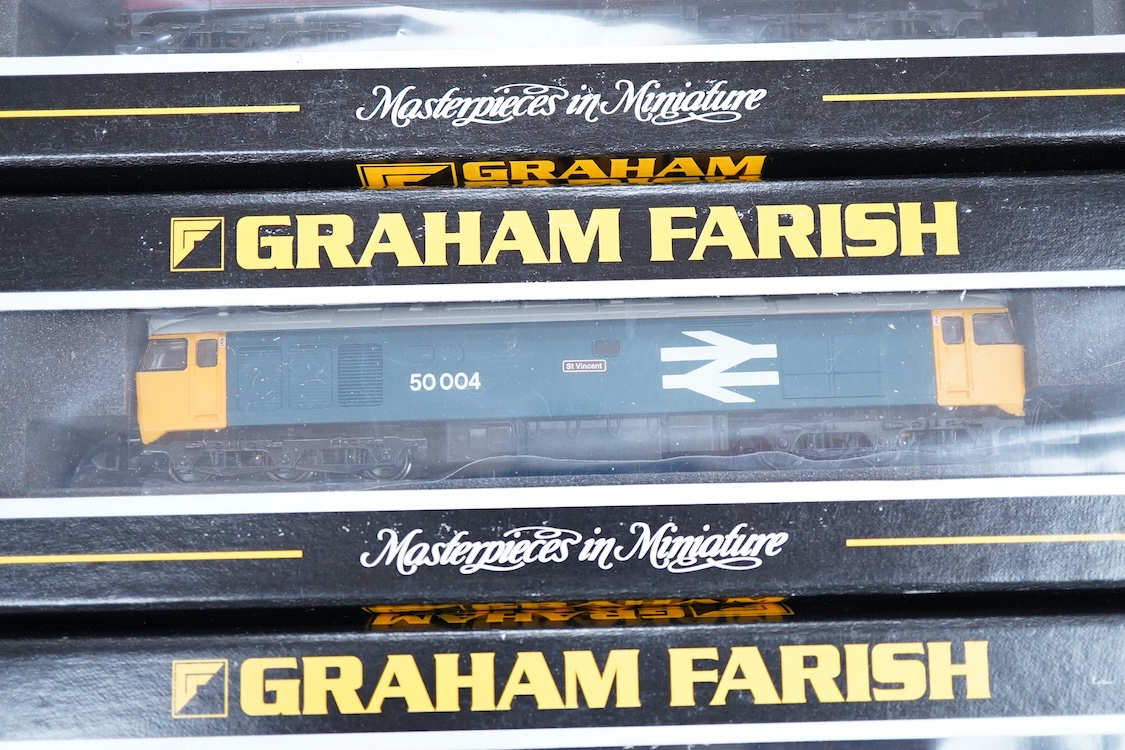 Three boxed Graham Farish N gauge railway class 50 diesel locomotives; a BR, 50 004 (371251), and two LMS, 50017, (371250)